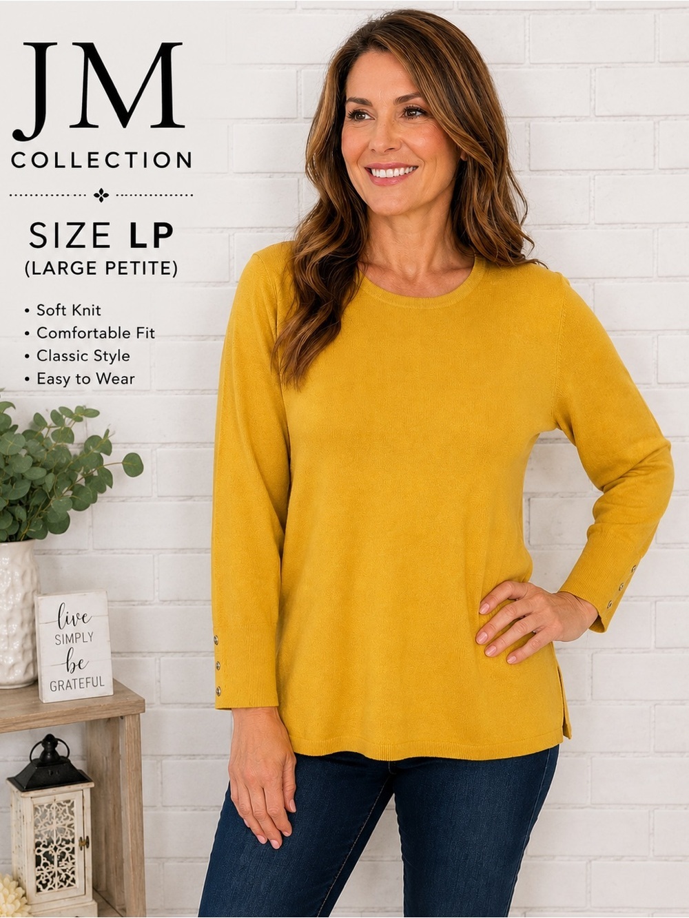 JM Collection women Yellow Long Sleeve crew neck Sweater/size PL